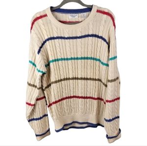 VINTAGE Hathaway House Classic Cream Colorful Striped Thick Cable Knit Sweater